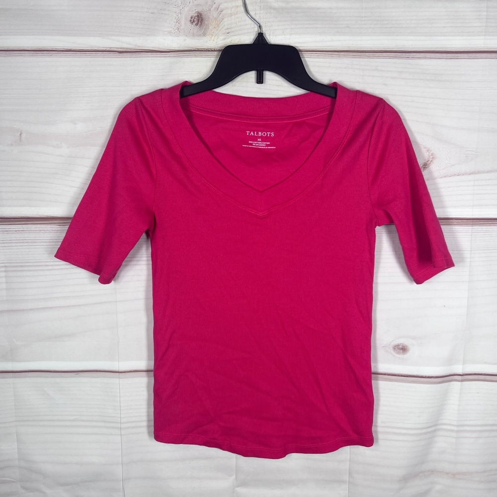 Talbots T-Shirt Women XS Pink V-Neck Short Sleeve Ribbed Cotton Spandex Top Knit